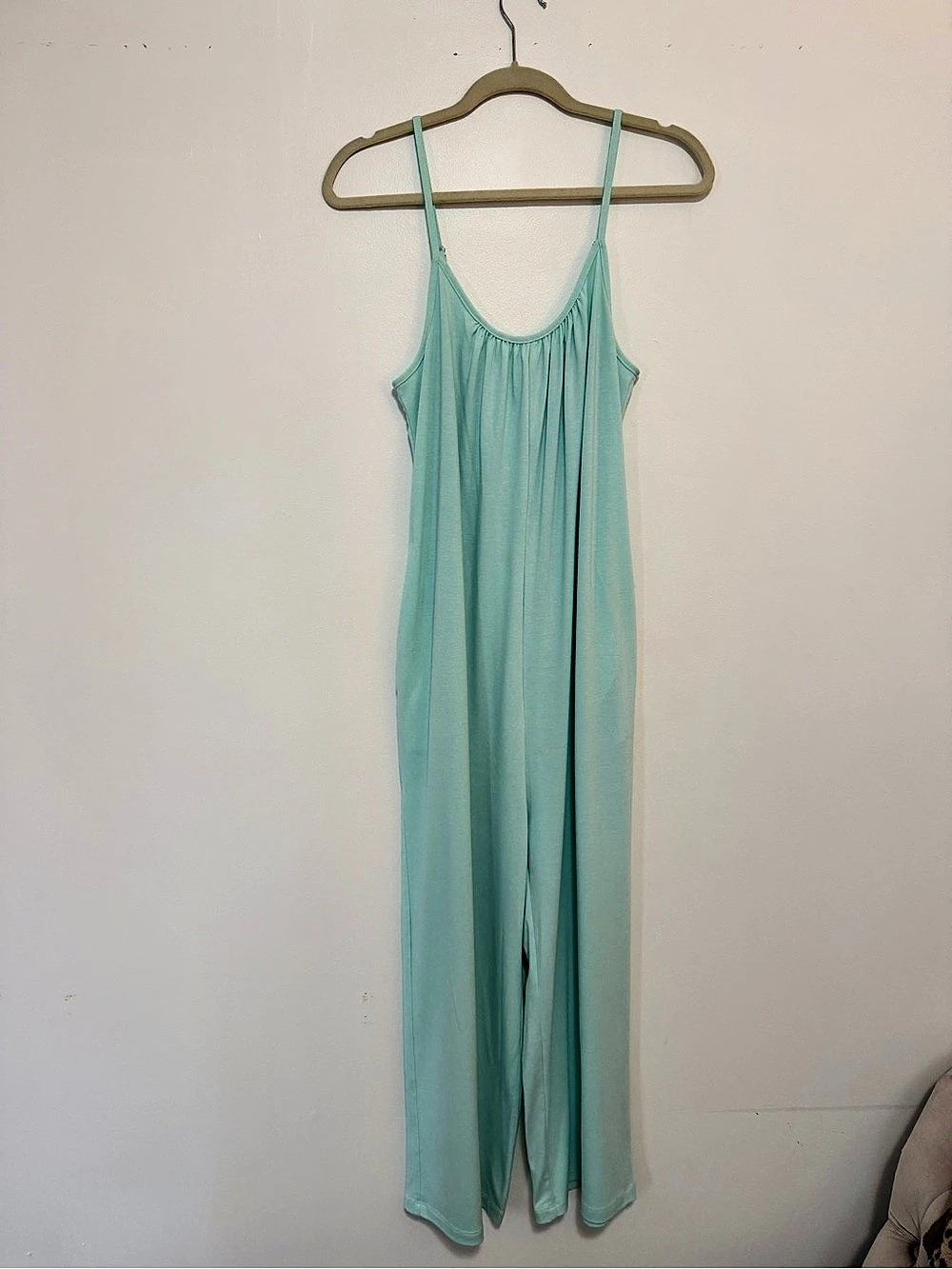 Mint Green Spaghetti Strap Wide Leg Jersey Jumpsuit with Pockets